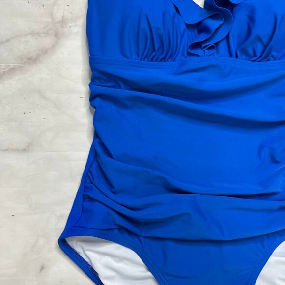 DKNY Ruffle Plunge Underwire One Piece Swimsuit Tummy Control Size 6 Blue New - Picture 3 of 8